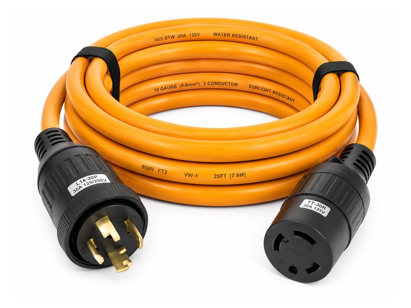 30-amp RV generator cord — orange 25-foot cable with L14-30P and TT-30R connectors