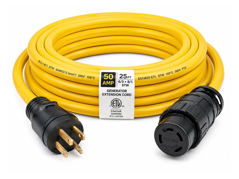 50-amp generator extension cord — yellow 25-foot STW cable with ETL listing