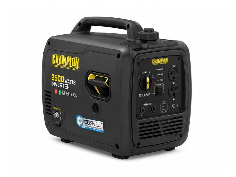 Champion 2500W dual fuel inverter generator — compact dark gray body with yellow logo