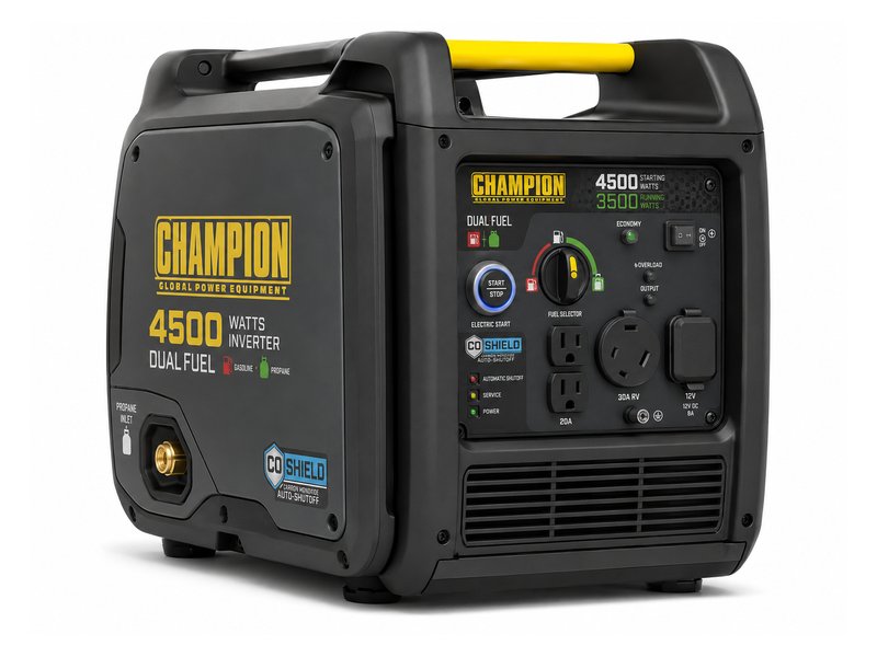 Champion 4500W dual fuel inverter generator — dark gray body with yellow Champion logo