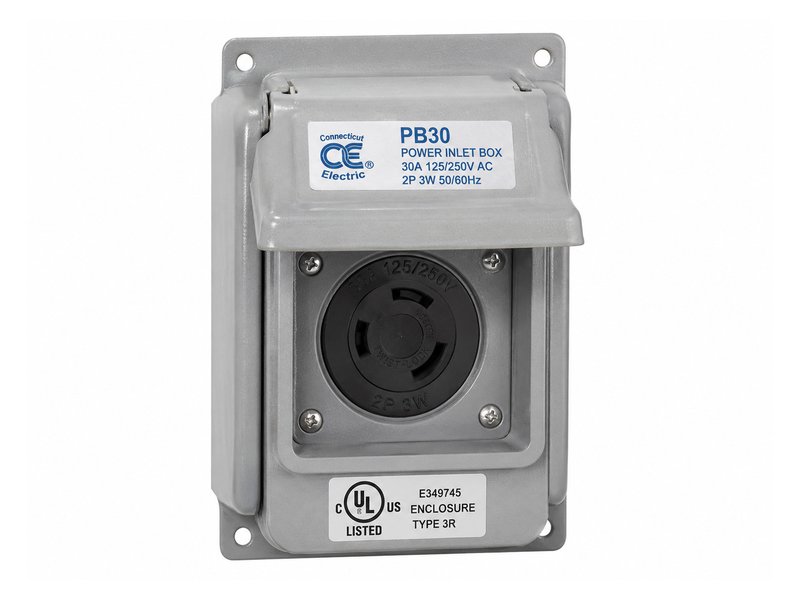 Connecticut Electric PB30 power inlet box — gray weatherproof NEMA 3R enclosure