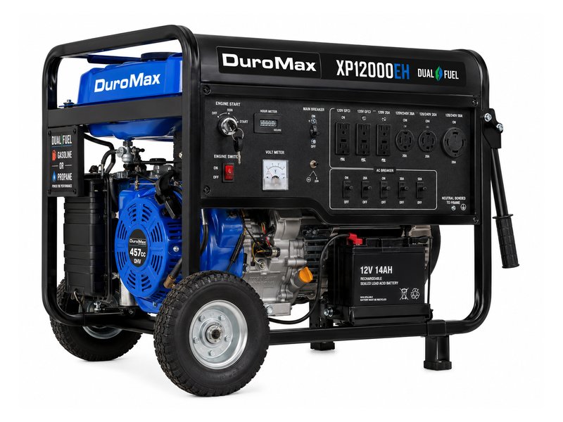 DuroMax XP12000EH dual fuel generator — large open-frame design with blue branding