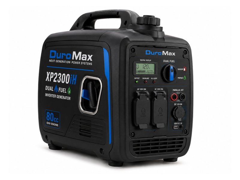 DuroMax XP2300iH dual fuel inverter generator — compact black body with blue DuroMax logo