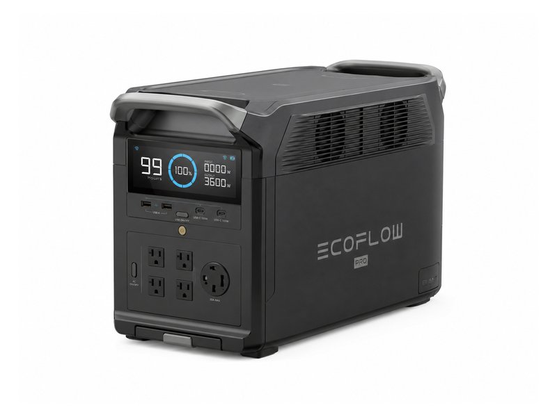 EcoFlow DELTA Pro portable power station — dark gray with LCD display and 5 AC outlets