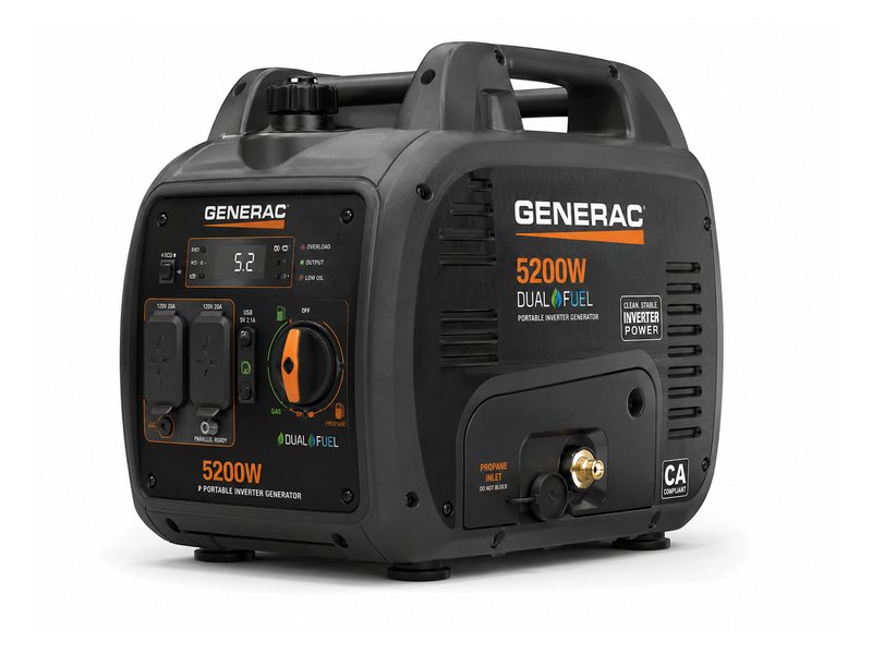 Generac 5200W dual fuel portable inverter generator — dark gray with orange accents
