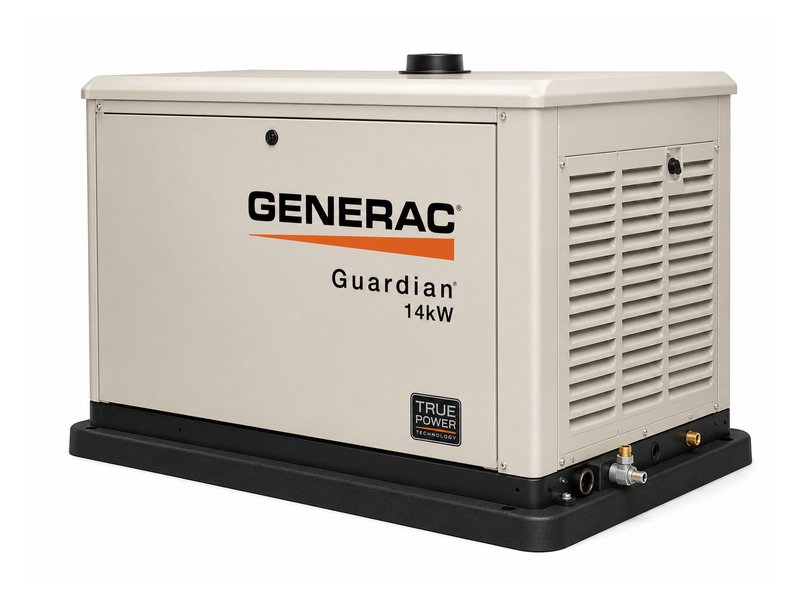 Generac Guardian 14kW home standby generator — bisque enclosure with True Power Technology