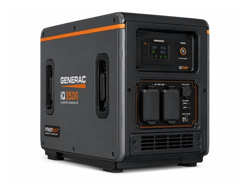 Generac iQ3500 inverter generator — dark gray steel housing with orange accent stripe