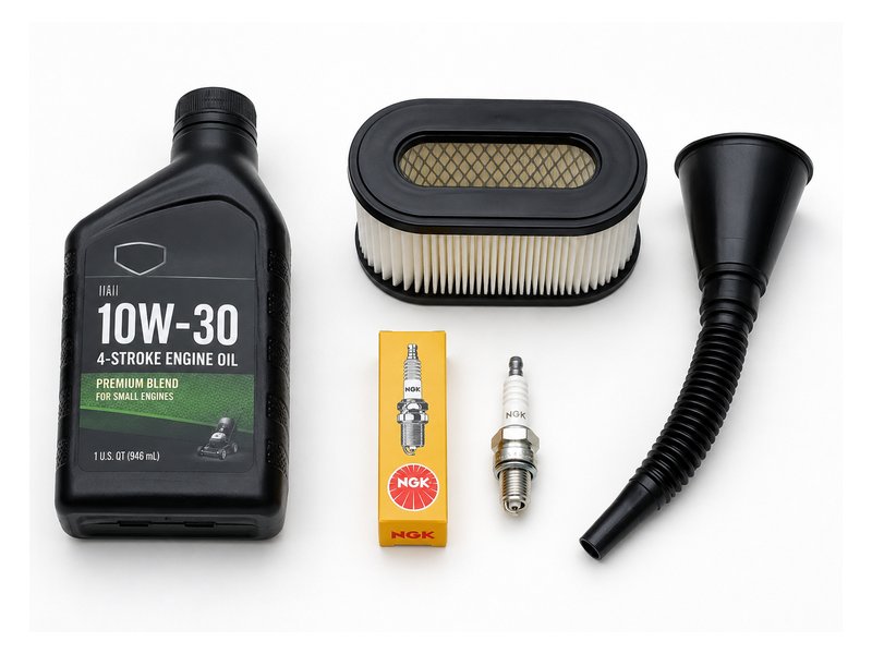Generator maintenance kit — 10W-30 oil, air filter, NGK spark plug, and funnel