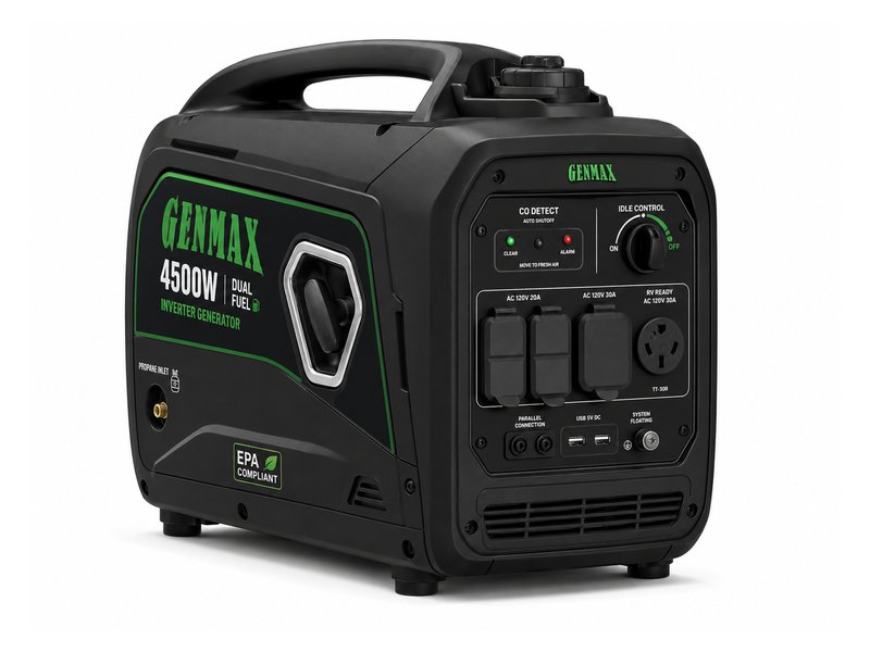 GenMax 4500W dual fuel inverter generator — sleek black housing with green GenMax logo