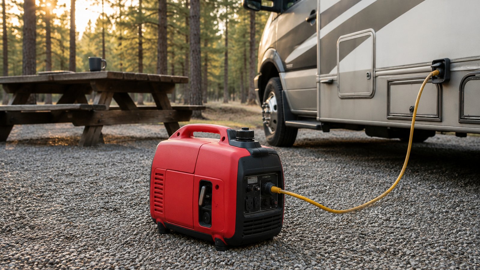 Portable inverter generator at a wooded campsite