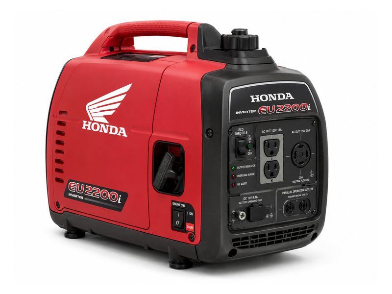 Honda EU2200i inverter generator — compact red enclosed body with fold-down carry handle