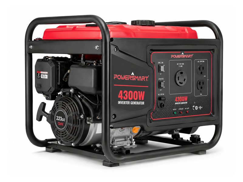 PowerSmart 4300W inverter generator — semi-open frame with black panels and red branding