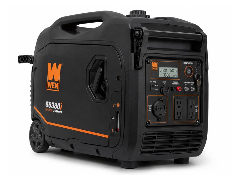 WEN 56380i inverter generator — black housing with orange accents and digital display